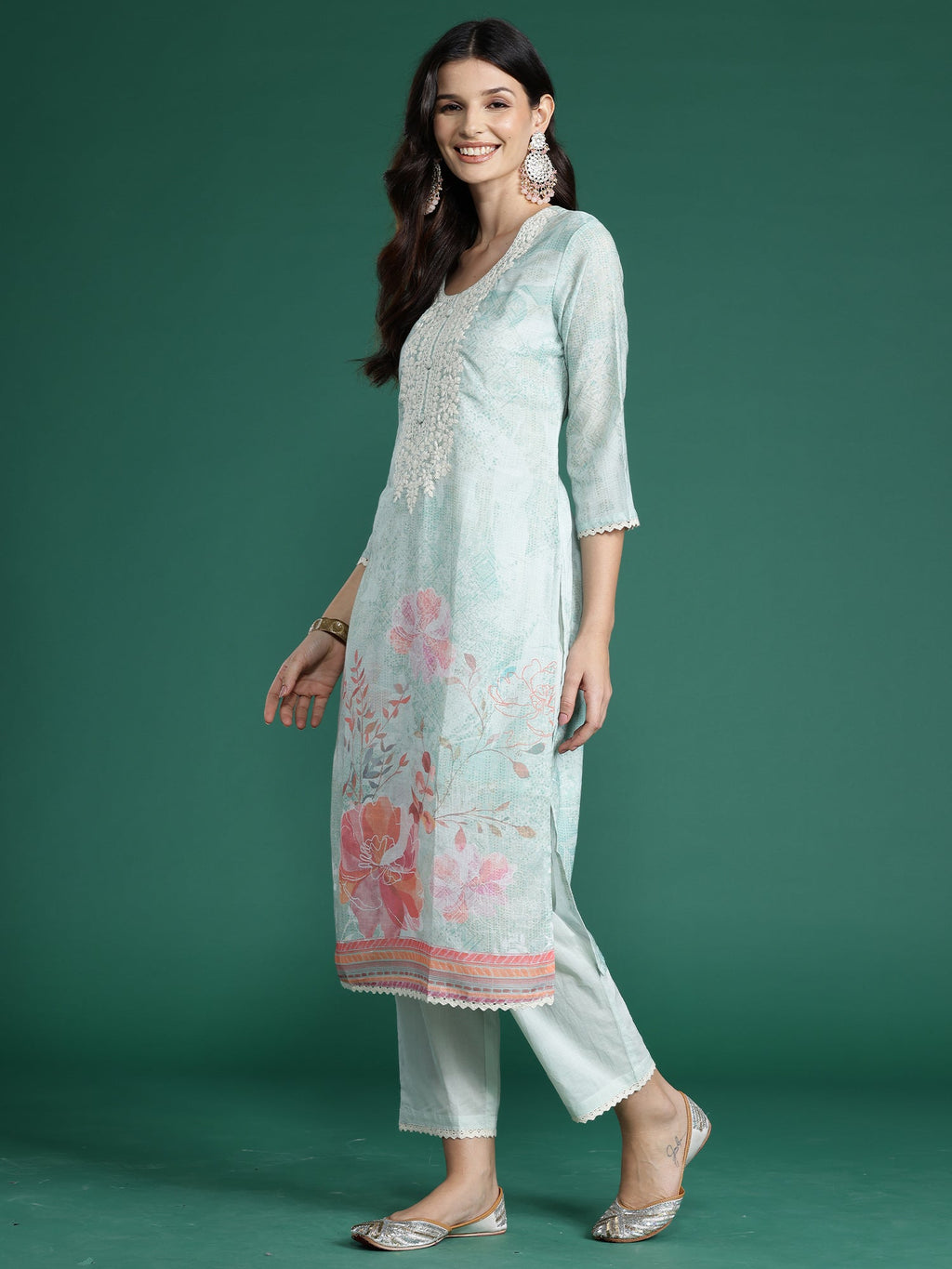 Indo Era Sea Green Printed Straight Kurta Trousers With Dupatta Set | Grocsy