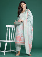 Indo Era Sea Green Printed Straight Kurta Trousers With Dupatta Set | Grocsy