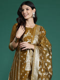 Indo Era Mustard Woven Design Straight Kurta Trousers With Dupatta Set | Grocsy