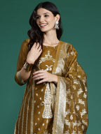 Indo Era Mustard Woven Design Straight Kurta Trousers With Dupatta Set | Grocsy