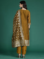 Indo Era Mustard Woven Design Straight Kurta Trousers With Dupatta Set | Grocsy