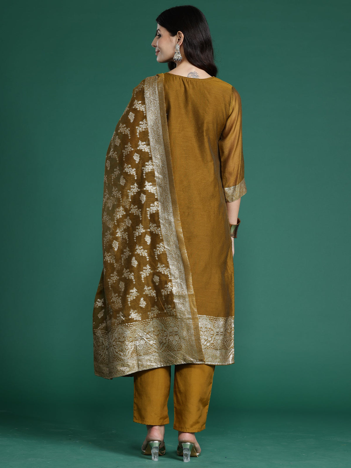 Indo Era Mustard Woven Design Straight Kurta Trousers With Dupatta Set | Grocsy