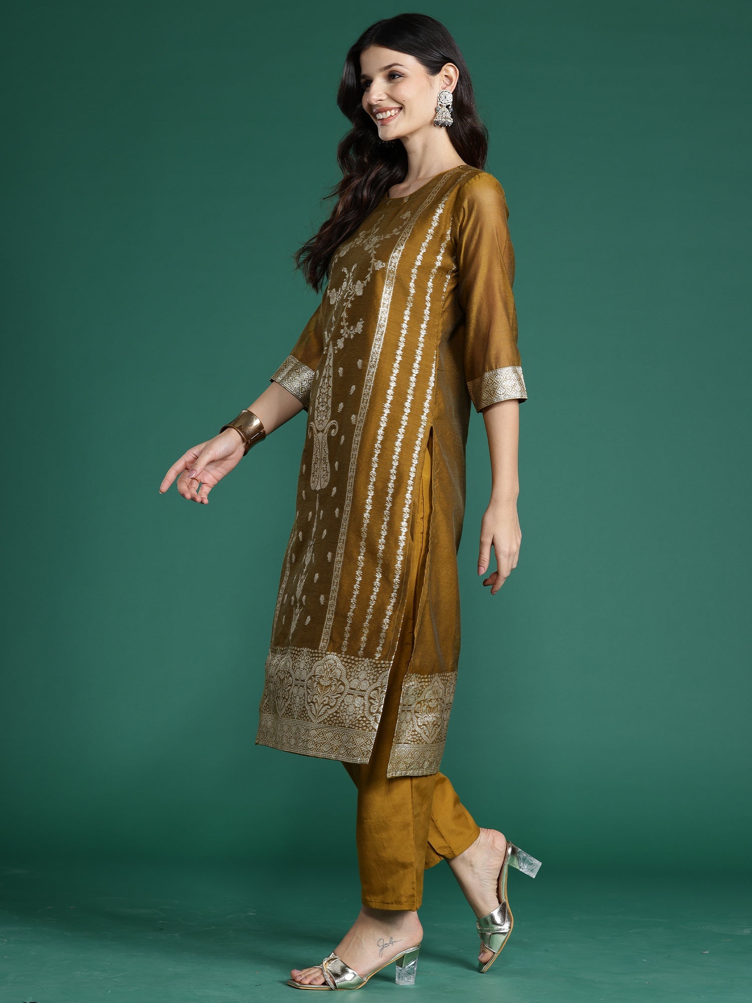 Indo Era Mustard Woven Design Straight Kurta Trousers With Dupatta Set | Grocsy