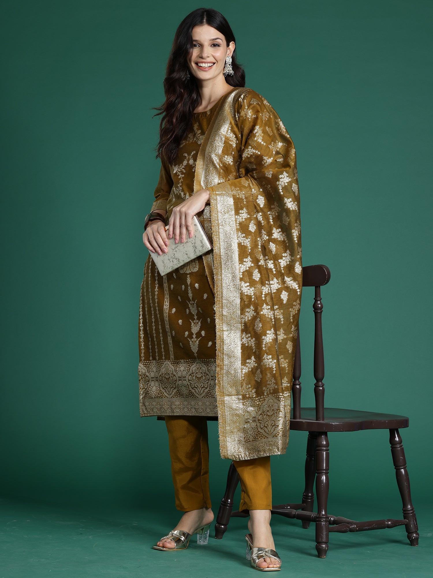 Indo Era Mustard Woven Design Straight Kurta Trousers With Dupatta Set | Grocsy