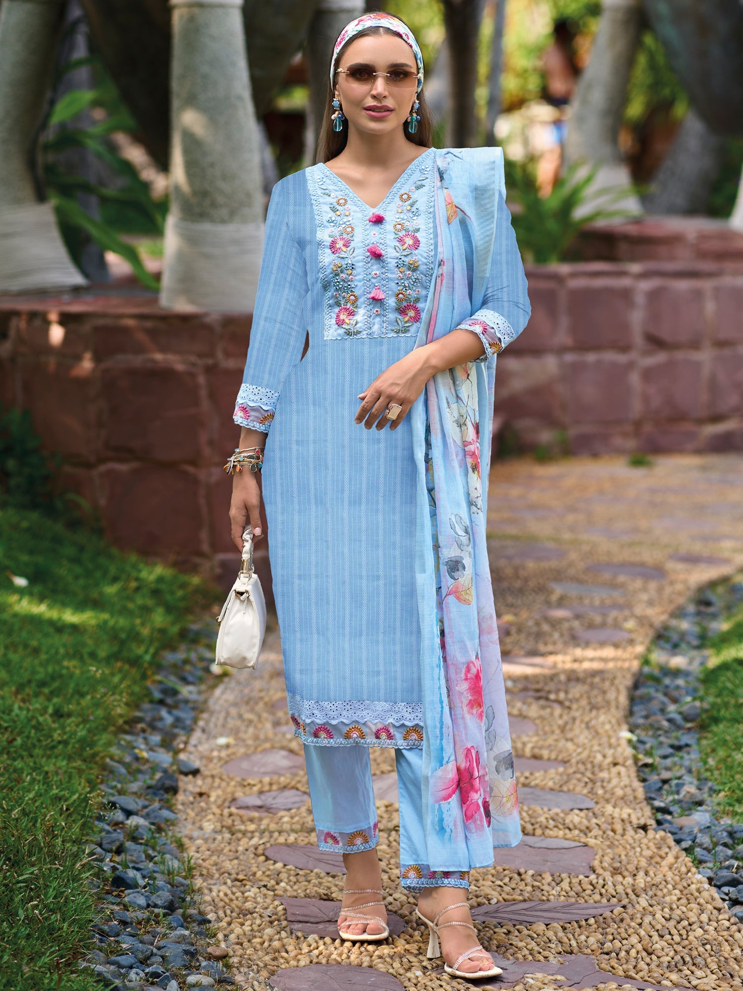 Indo Era Blue Embroidered Straight Kurta Trousers With Dupatta set | Grocsy