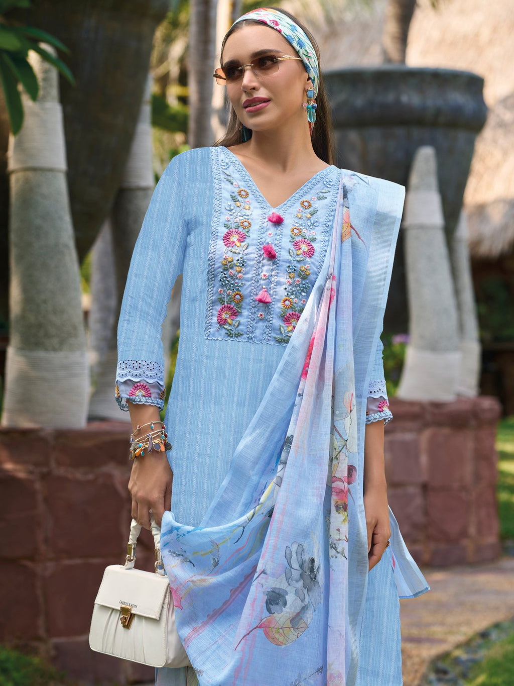 Indo Era Blue Embroidered Straight Kurta Trousers With Dupatta set | Grocsy