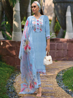 Indo Era Blue Embroidered Straight Kurta Trousers With Dupatta set | Grocsy