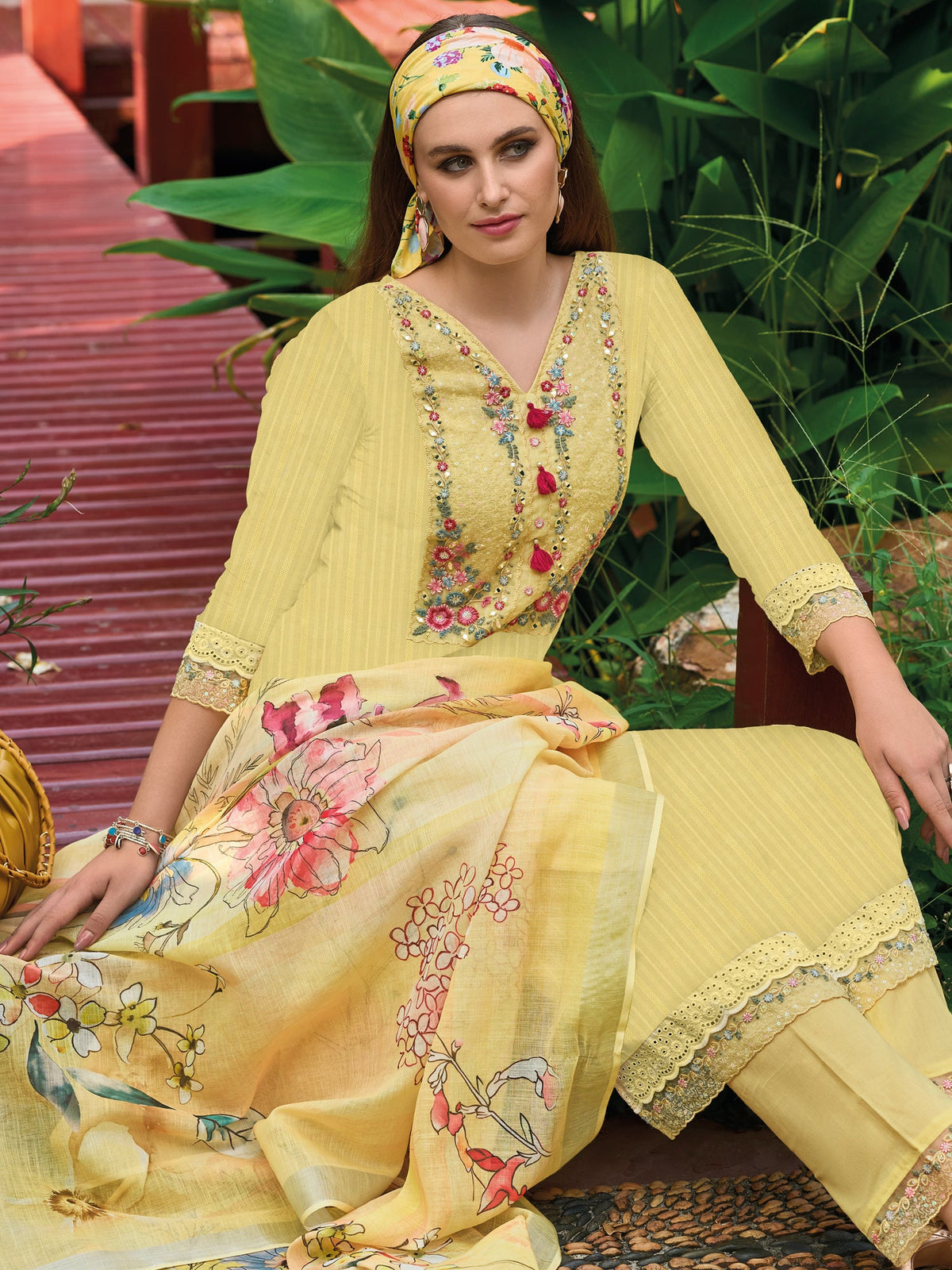 Indo Era Yellow Embroidered Straight Kurta Trousers With Dupatta set | Grocsy