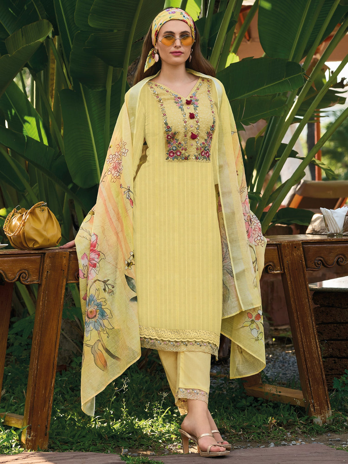 Indo Era Yellow Embroidered Straight Kurta Trousers With Dupatta set | Grocsy