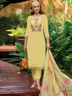 Indo Era Yellow Embroidered Straight Kurta Trousers With Dupatta set | Grocsy