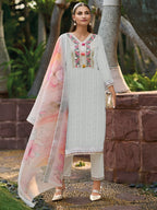 Indo Era Off White Embroidered Straight Kurta Trousers With Dupatta set | Grocsy