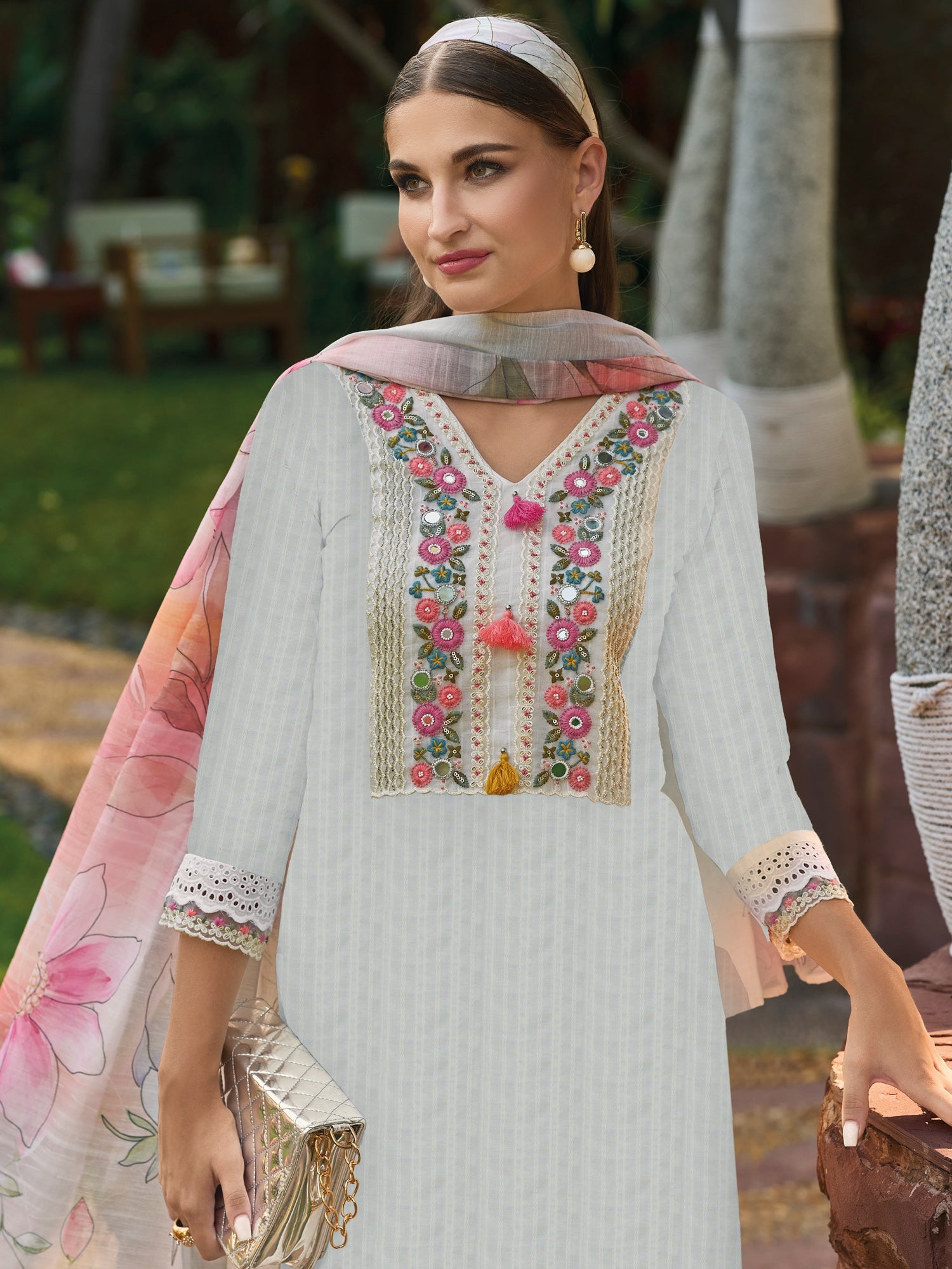 Indo Era Off White Embroidered Straight Kurta Trousers With Dupatta set | Grocsy