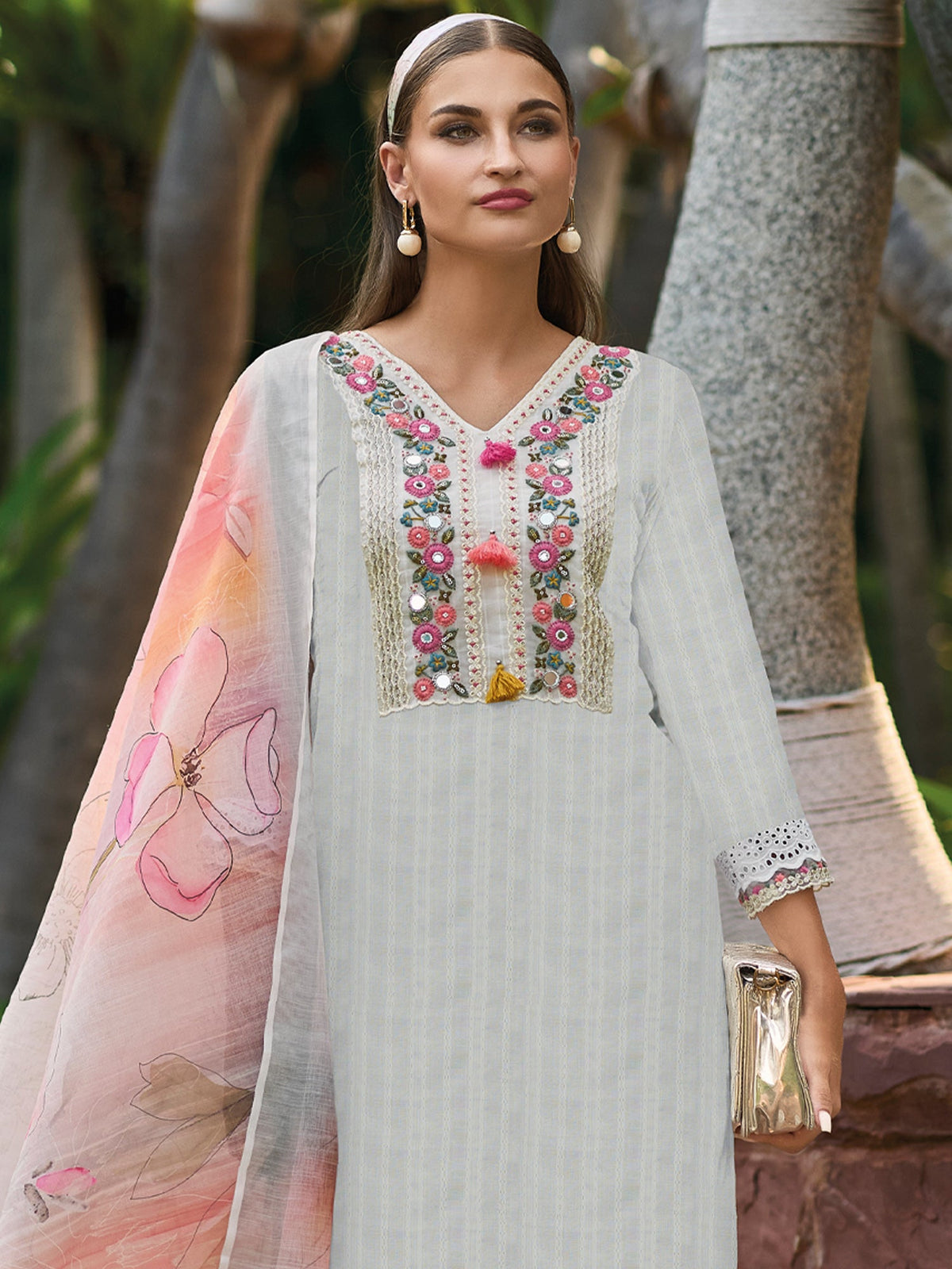 Indo Era Off White Embroidered Straight Kurta Trousers With Dupatta set | Grocsy