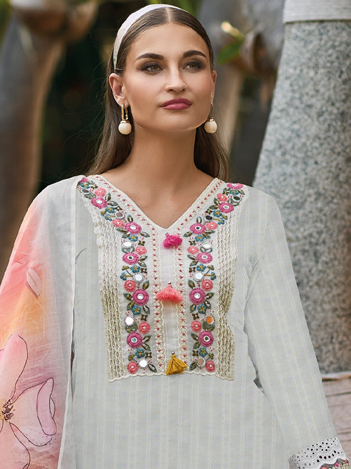 Indo Era Off White Embroidered Straight Kurta Trousers With Dupatta set | Grocsy