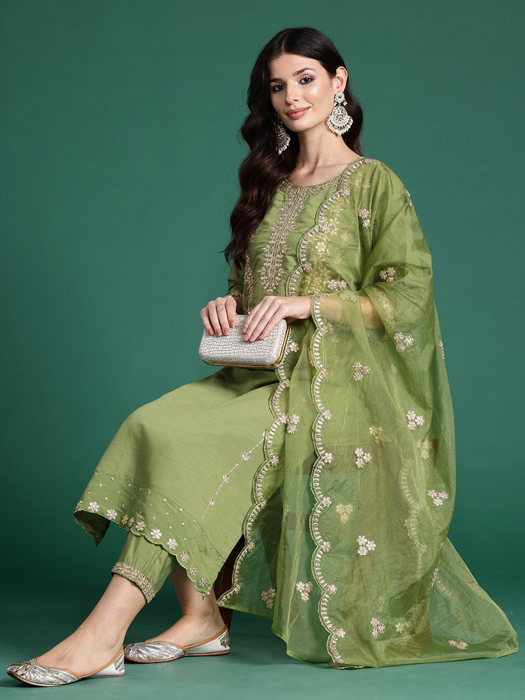 Indo Era Green Embroidered Straight Kurta Trousers With Dupatta set | Grocsy