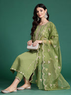 Indo Era Green Embroidered Straight Kurta Trousers With Dupatta set | Grocsy