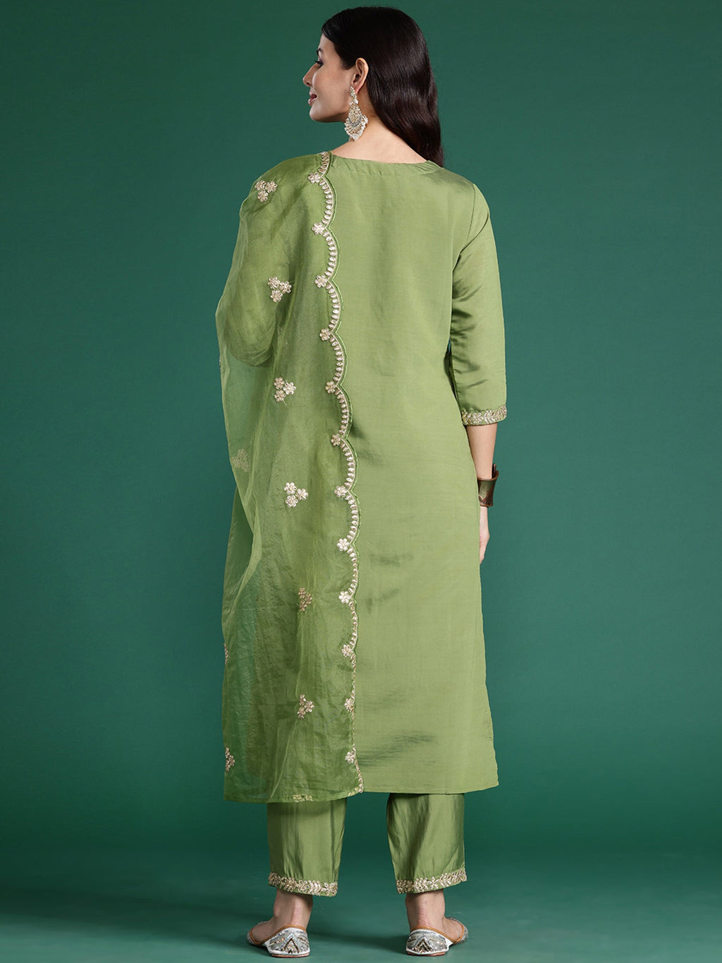 Indo Era Green Embroidered Straight Kurta Trousers With Dupatta set | Grocsy