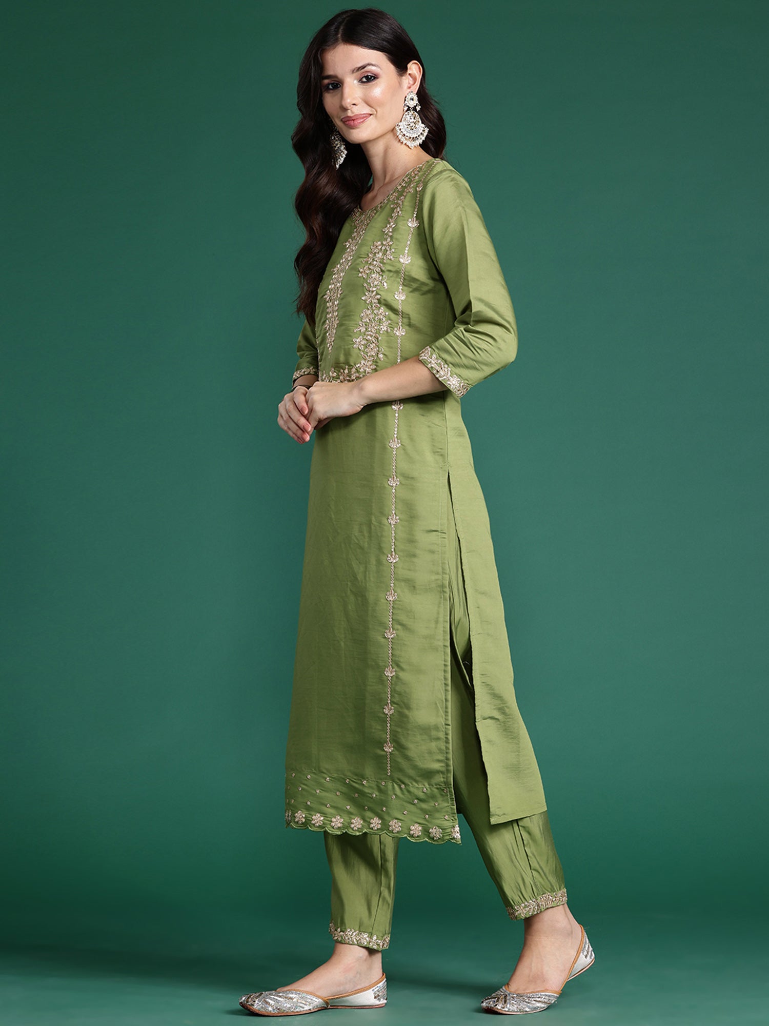 Indo Era Green Embroidered Straight Kurta Trousers With Dupatta set | Grocsy