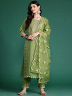 Indo Era Green Embroidered Straight Kurta Trousers With Dupatta set | Grocsy