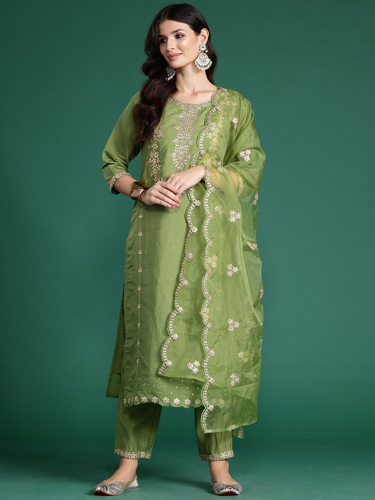 Indo Era Green Embroidered Straight Kurta Trousers With Dupatta set | Grocsy