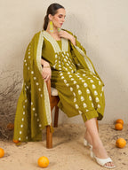 Indo Era Green Embroidered A-Line Kurta Trousers With Dupatta set | Grocsy