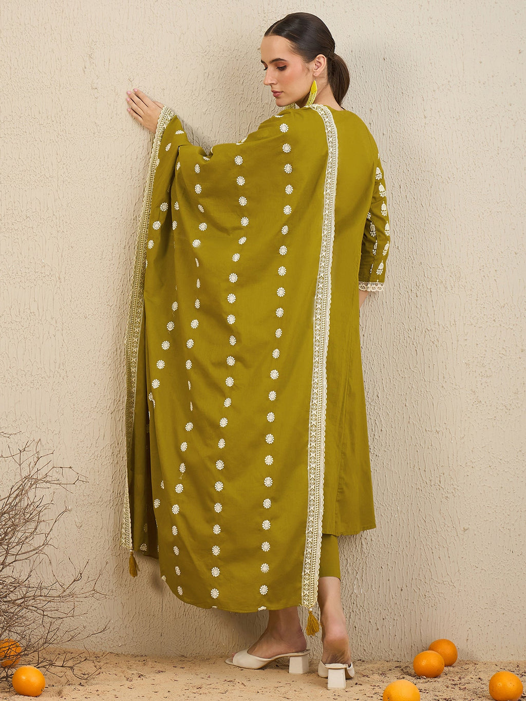 Indo Era Green Embroidered A-Line Kurta Trousers With Dupatta set | Grocsy