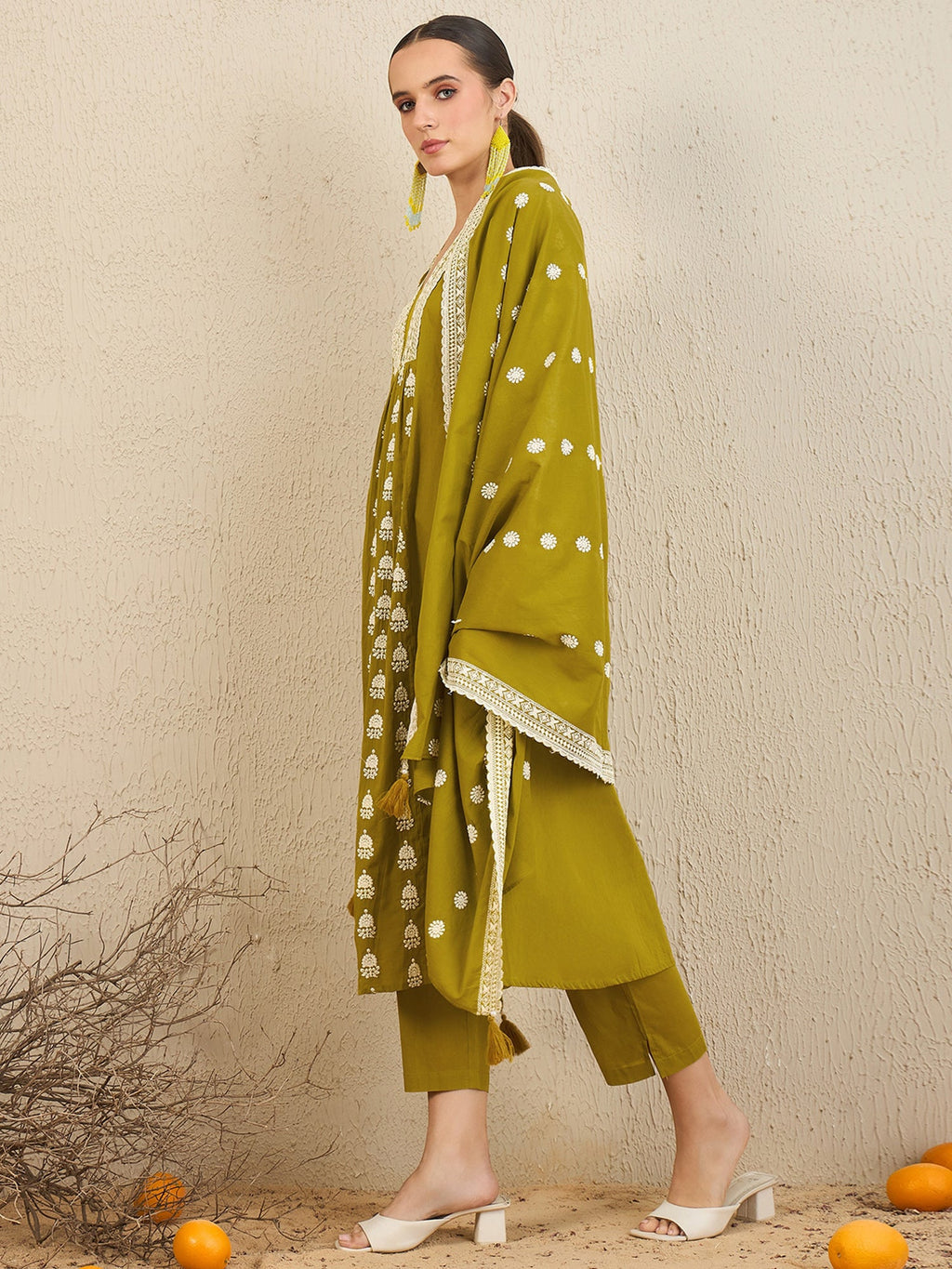 Indo Era Green Embroidered A-Line Kurta Trousers With Dupatta set | Grocsy