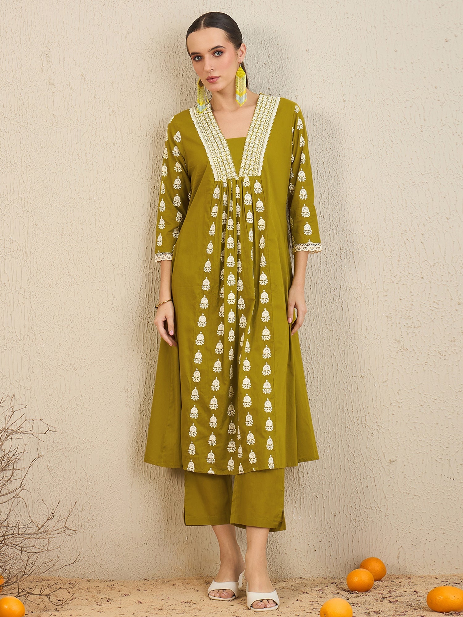 Indo Era Green Embroidered A-Line Kurta Trousers With Dupatta set | Grocsy
