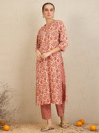 Indo Era Rust Printed Straight Kurta Trousers With Dupatta set | Grocsy