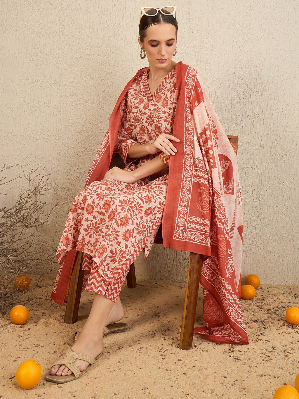 Indo Era Rust Printed Straight Kurta Trousers With Dupatta set | Grocsy
