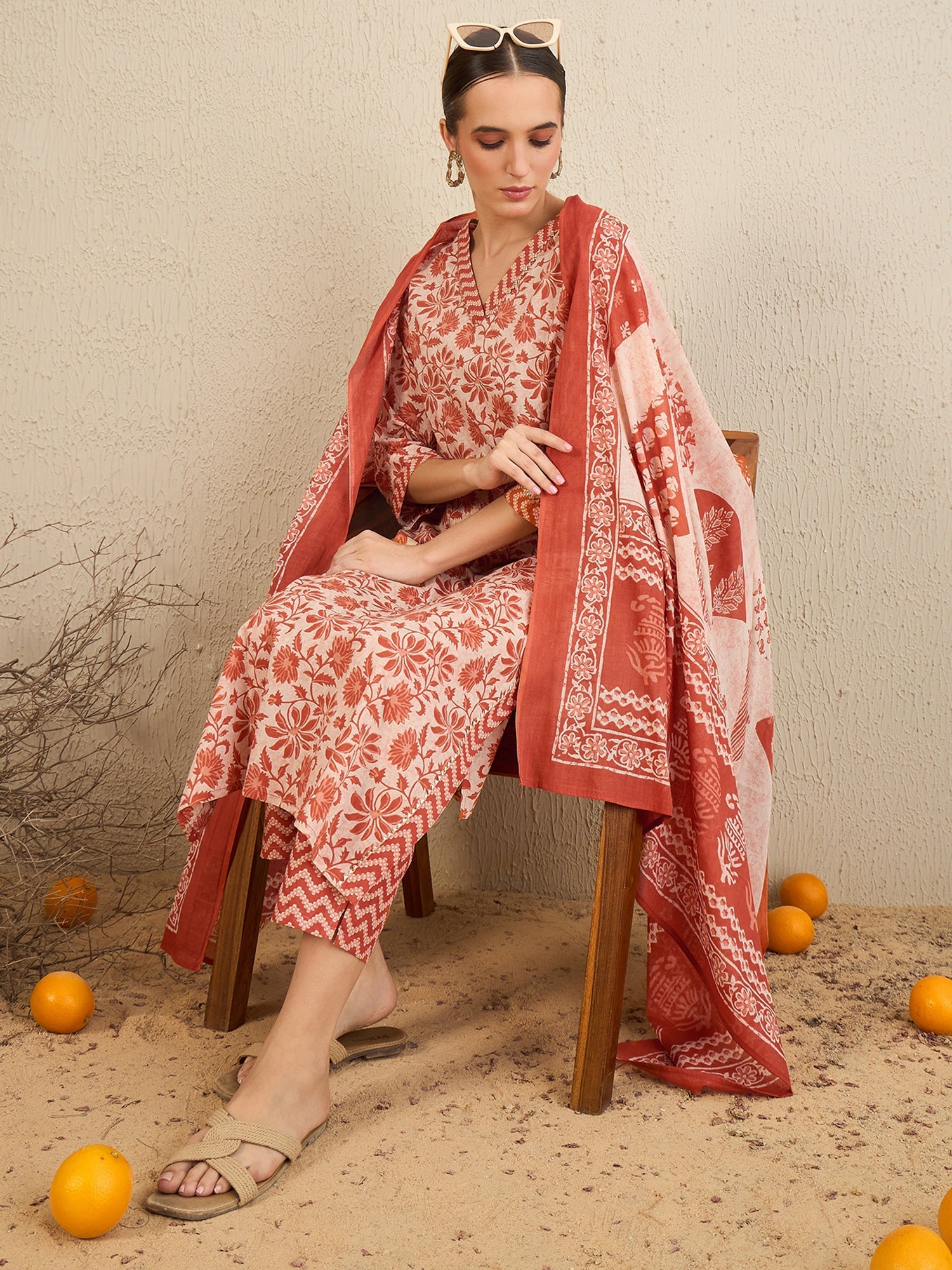 Indo Era Rust Printed Straight Kurta Trousers With Dupatta set | Grocsy