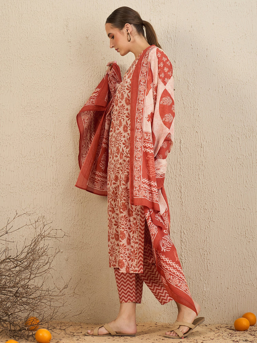 Indo Era Rust Printed Straight Kurta Trousers With Dupatta set | Grocsy