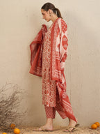 Indo Era Rust Printed Straight Kurta Trousers With Dupatta set | Grocsy