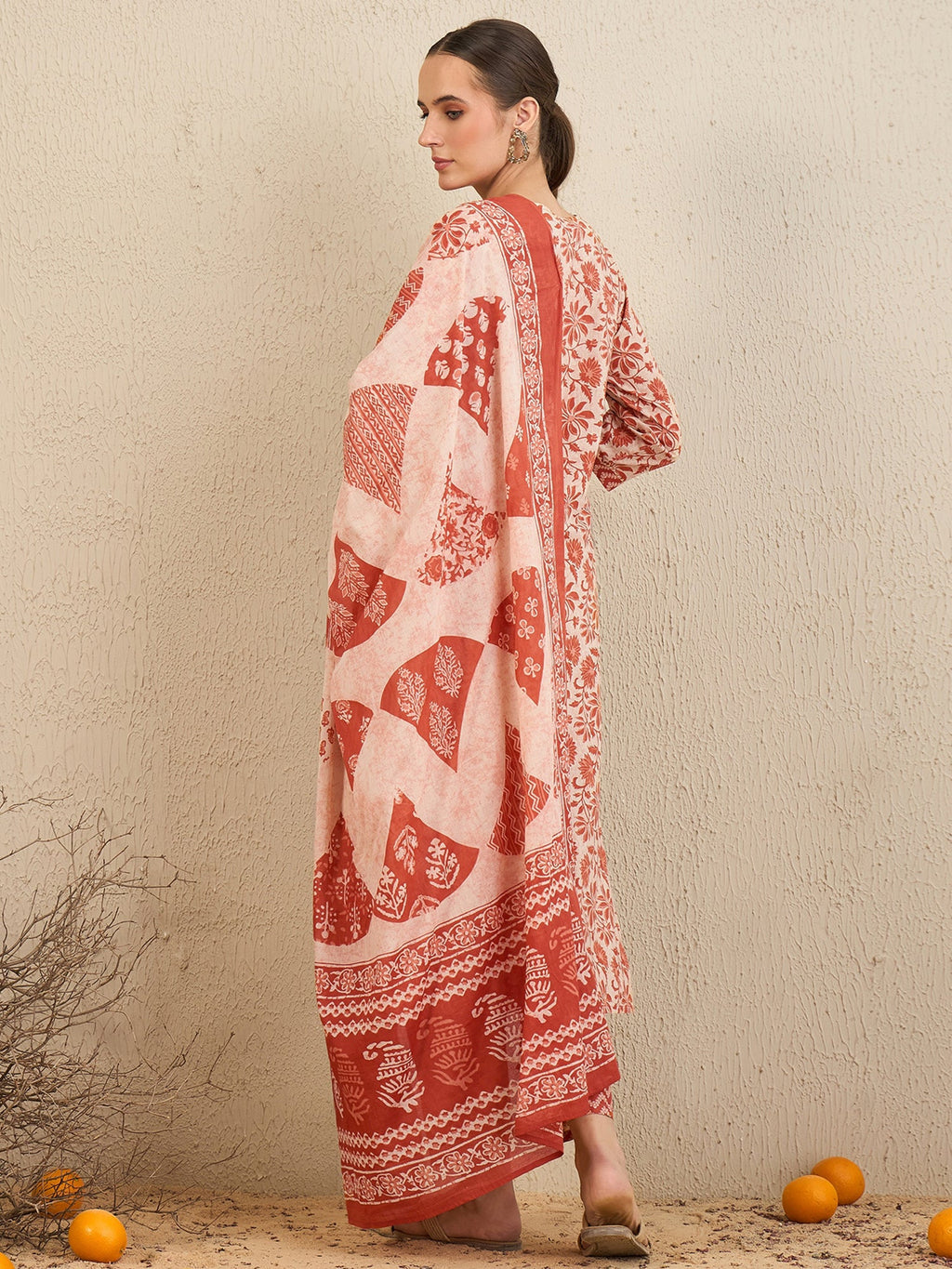Indo Era Rust Printed Straight Kurta Trousers With Dupatta set | Grocsy