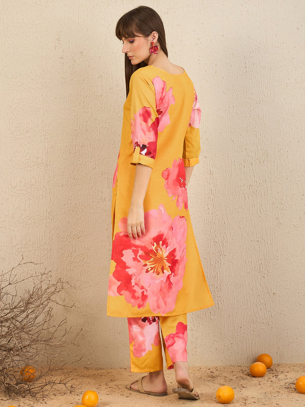 Indo Era Yellow Printed Straight Kurta Trousers Set | Grocsy