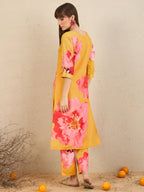 Indo Era Yellow Printed Straight Kurta Trousers Set | Grocsy