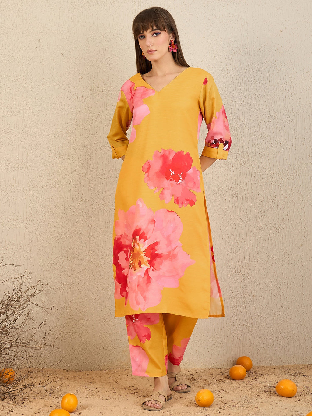 Indo Era Yellow Printed Straight Kurta Trousers Set | Grocsy