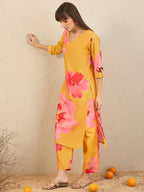 Indo Era Yellow Printed Straight Kurta Trousers Set | Grocsy