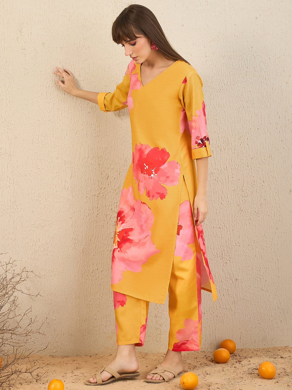Indo Era Yellow Printed Straight Kurta Trousers Set | Grocsy
