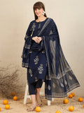 Indo Era Navy Blue Printed Straight Kurta Trousers With Dupatta Set | Grocsy