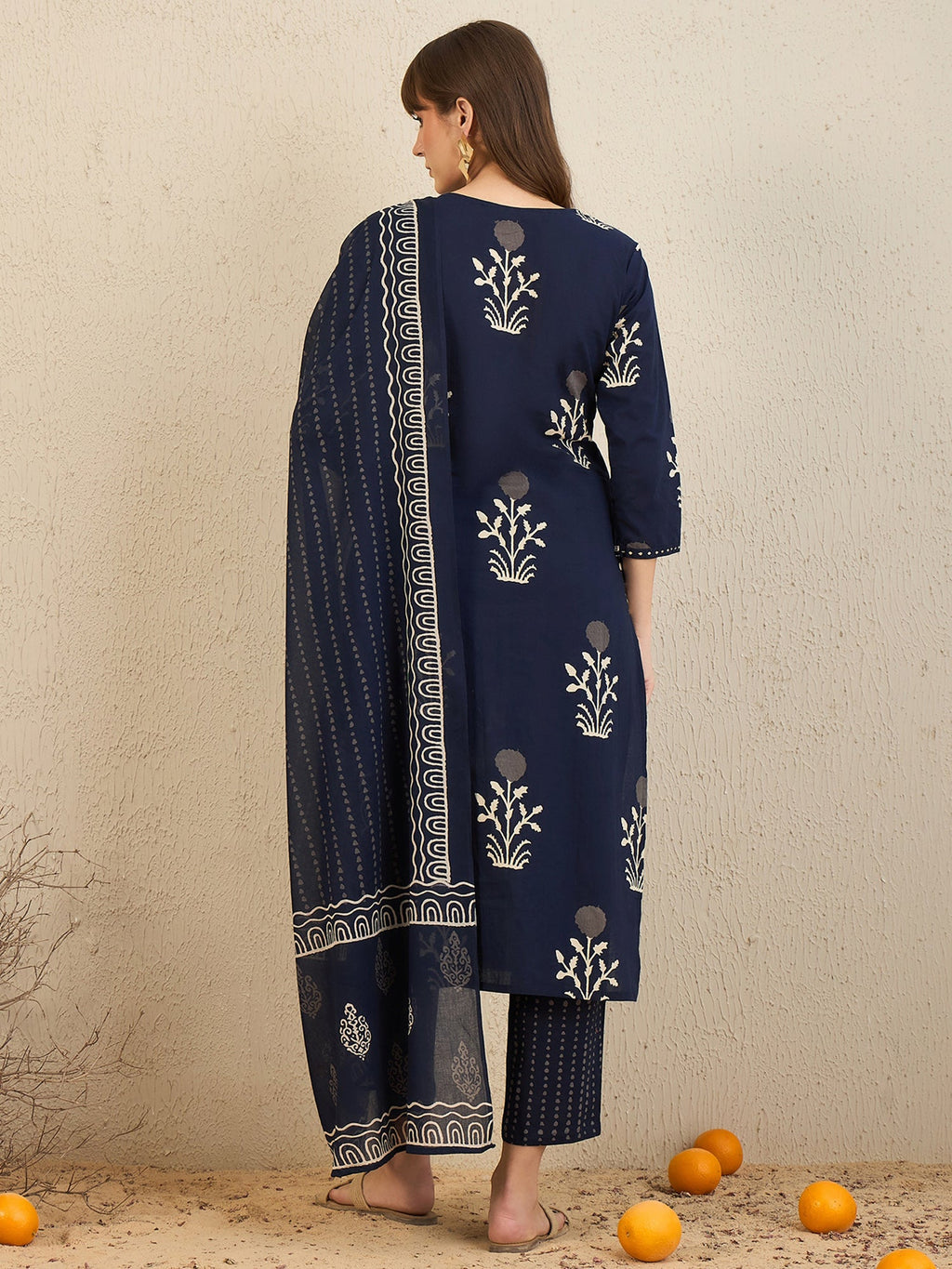 Indo Era Navy Blue Printed Straight Kurta Trousers With Dupatta Set | Grocsy