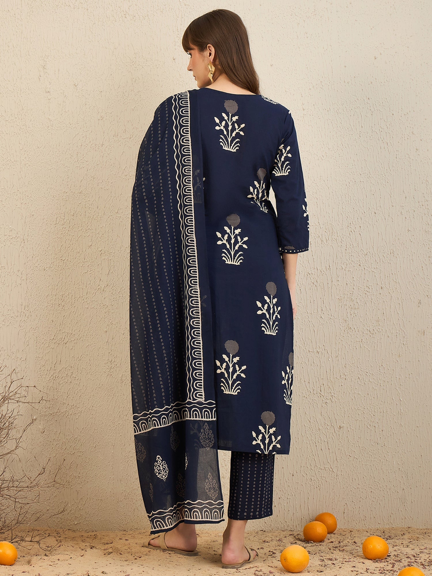 Indo Era Navy Blue Printed Straight Kurta Trousers With Dupatta Set | Grocsy