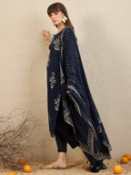 Indo Era Navy Blue Printed Straight Kurta Trousers With Dupatta Set | Grocsy