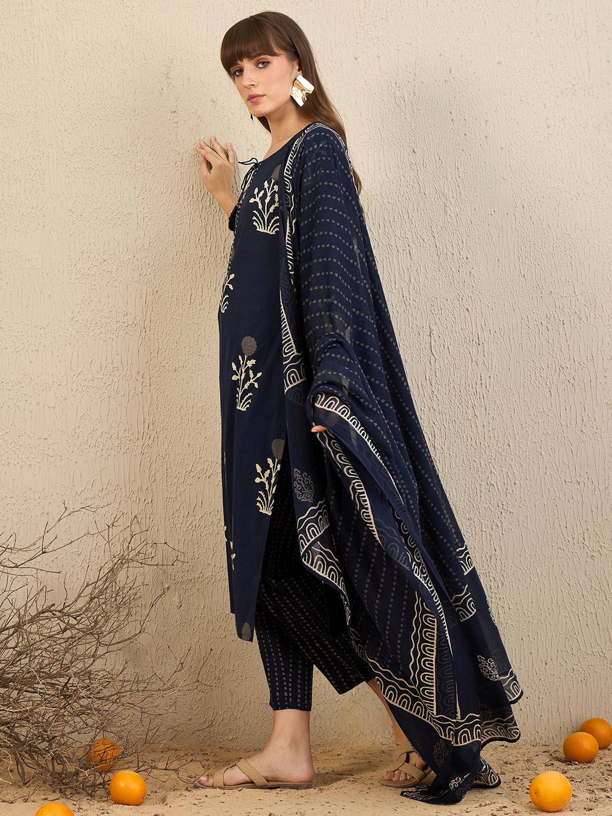 Indo Era Navy Blue Printed Straight Kurta Trousers With Dupatta Set | Grocsy