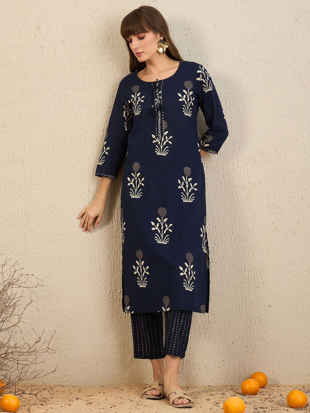 Indo Era Navy Blue Printed Straight Kurta Trousers With Dupatta Set | Grocsy
