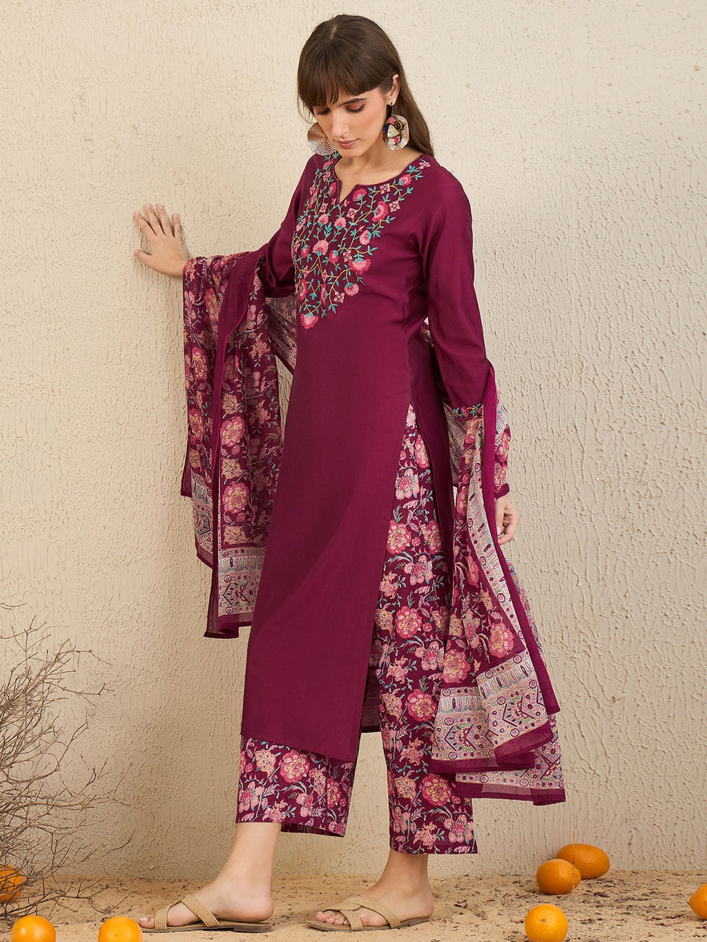 Indo Era Burgundy Embroidered Straight Kurta Palazzos With Dupatta Set | Grocsy