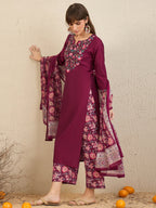 Indo Era Burgundy Embroidered Straight Kurta Palazzos With Dupatta Set | Grocsy