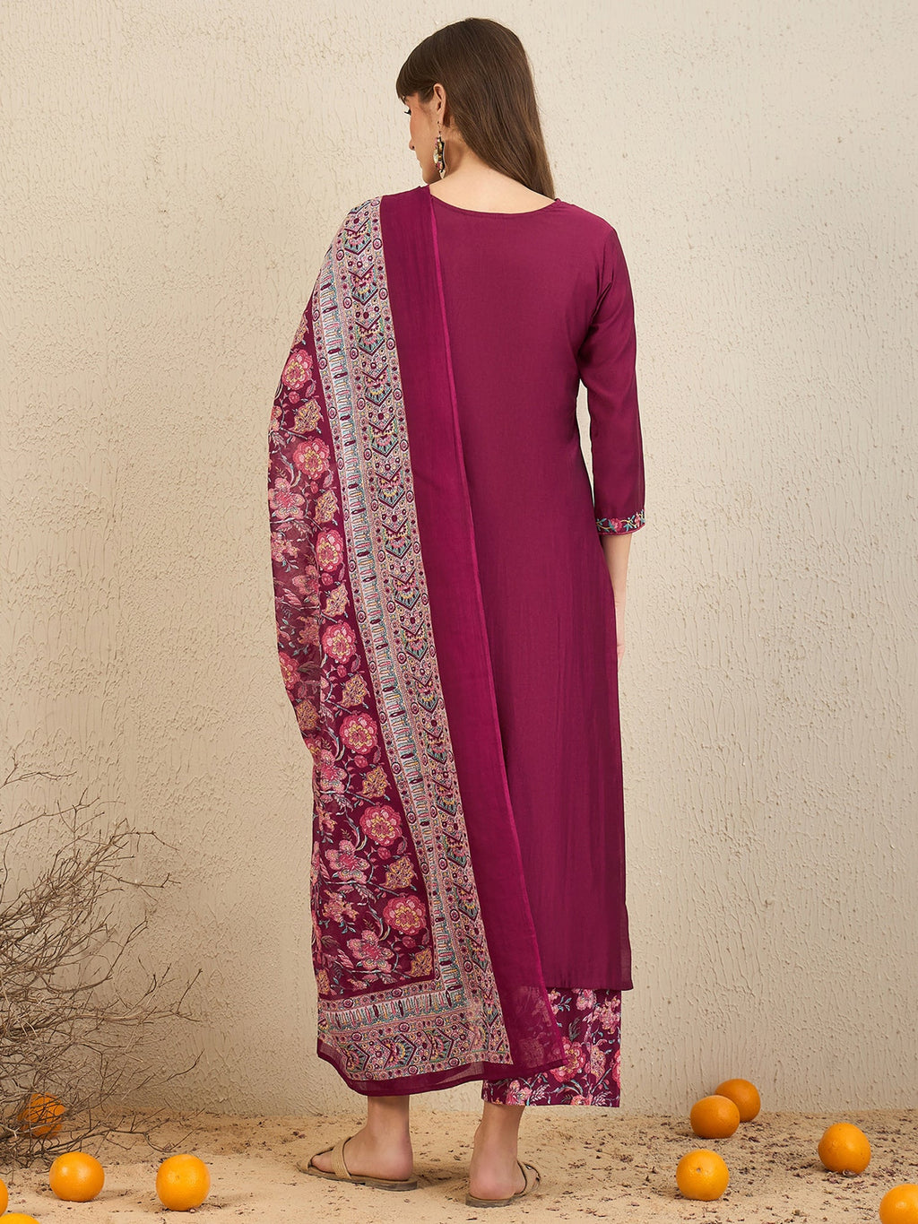 Indo Era Burgundy Embroidered Straight Kurta Palazzos With Dupatta Set | Grocsy