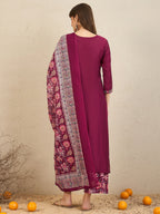 Indo Era Burgundy Embroidered Straight Kurta Palazzos With Dupatta Set | Grocsy