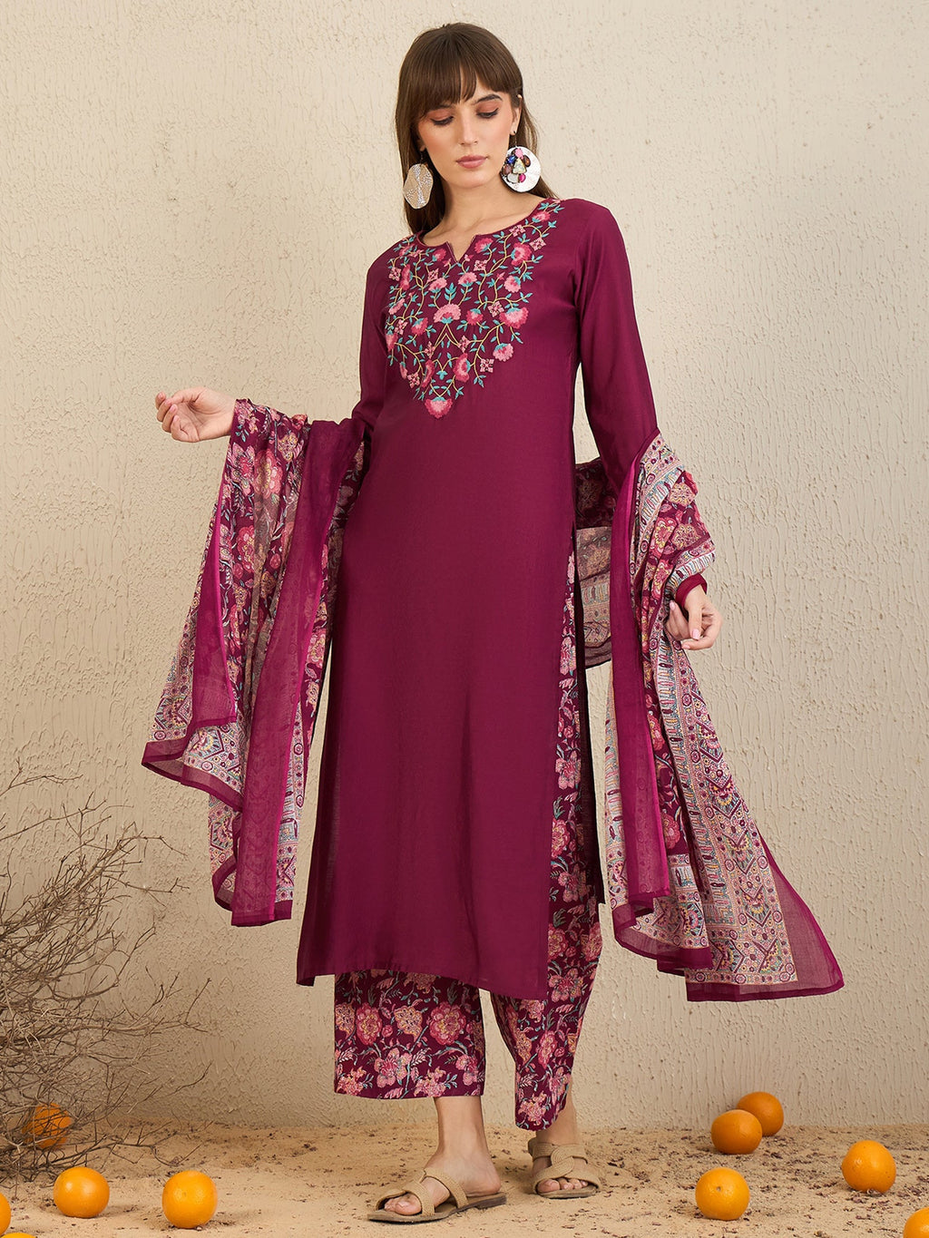 Indo Era Burgundy Embroidered Straight Kurta Palazzos With Dupatta Set | Grocsy
